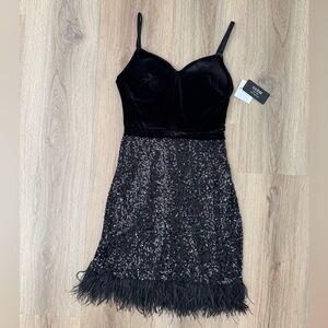 Guess Black Velvet, Sequin & Feather Mini Dress